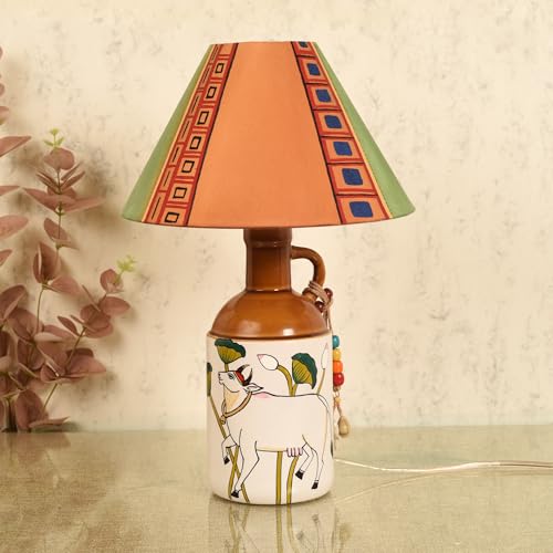 Image of Aakriti Art Creations Bazaar Soul Handcrafted Pichhwai Lamp for Living Room Decoration | Lamp for Living Room Decoration | Aesthetic Home Decor | Indian Handicraft | Housewarming Gift Showpiece