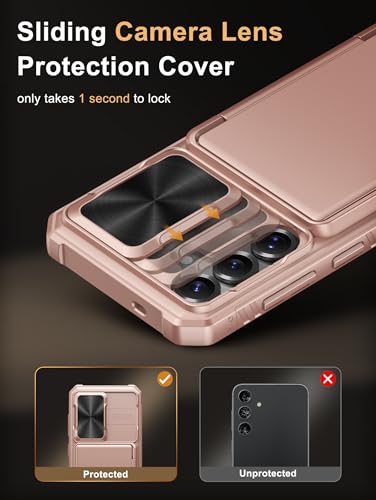Image of Vihibii for Samsung Galaxy S25 Case with Card Holder (4 Cards) [RFID Blocking] & Slide Camera Cover, Military Grade Drop Protection, Rugged Back & Silicone Edge Wallet Case, 6.2 inch 2025, Rose Gold