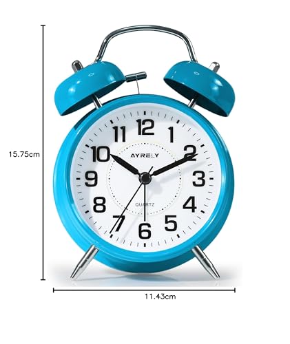 Image of AYRELY Super Loud Alarm Clock for Heavy Sleepers Adults,Twin Bell Retro 4 Inch Silent Non-Ticking Quartz with Backlight, Metal dial, Alarm Clocks for Bedrooms Bedside (Blue)
