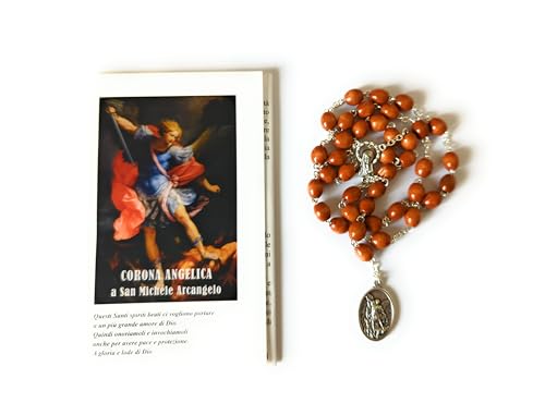 OVUNQUE PROTEGGIMI Rosario de San Miguel, Corona Angélica de San Miguel Arcángel en Madera con Granos Ovalados, Con medalla del Ángel de la Guarda y San Miguel, Rosario devocional con oración