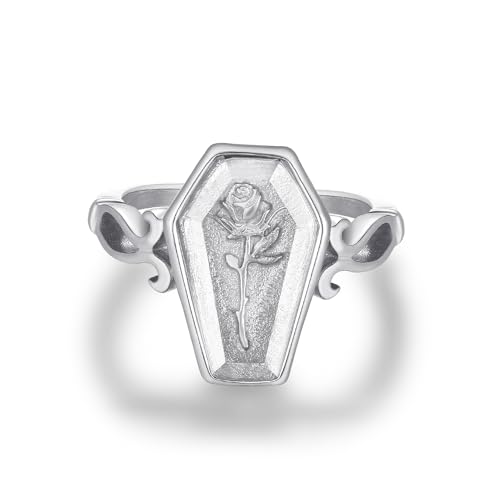 Rose Flower Coffin Ring Stainless Steel Gold Unique Cubic Zirconia Rose Love Gift for Her