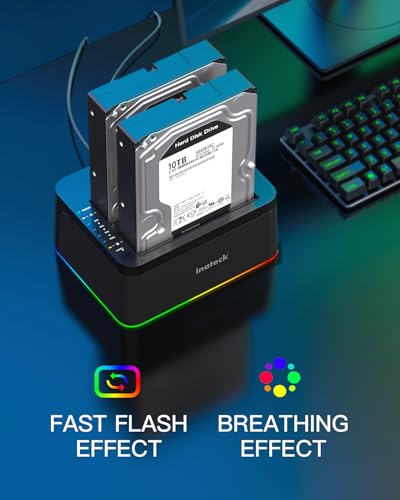 Inateck Stacja dokująca do dysków twardych RGB USB 3.0 USB-C z klonami offline, do 2,5/3,5 cala SATA HDD i SSD, 2 x 20 TB Dual Bay Docking Station, obsługa UASP, SA02003C