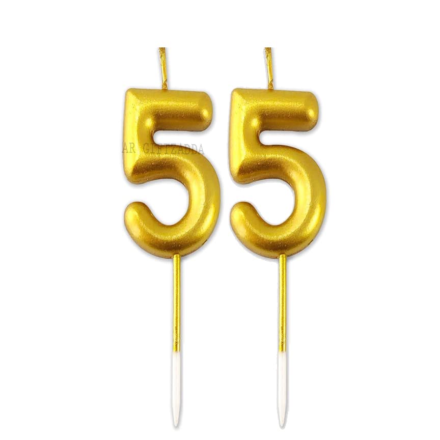 Image of AR Giftzadda 55 Number Golden Chrome Candle Cake Topper for 2nd Birthday /Anniversary Party Celebrations Pack of 1 (2 No. Candle) (55 Number Gold Chrome Candle)