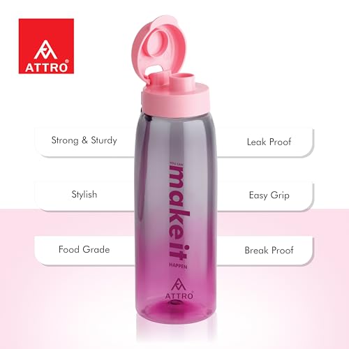 Image of ATTRO Sip Star Plastic Water Bottle - 1000ml, Pink, BPA Free, Leak-Proof, Durable Sports & Travel Bottle, Ideal for Gym, Office, School, Outdoor & Daily Use