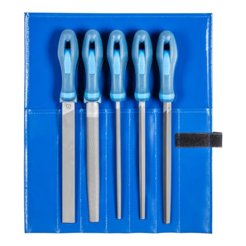 PFERD TOOLS Werkstattfeilen-Set in PVC-Rolltasche, 5 Feilen, Kreuzhieb H1, 200mm, 11800531 - für die grobe Zerspanung und zum Schruppen geeignet