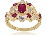 LBG Solid 18ct Yellow Gold Natural Ruby & Diamond Vintage Style Cluster Ring - Size R