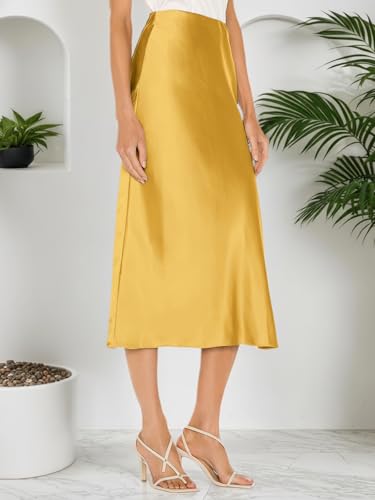 Image of Amy Babe Womens Satin Silk High Waist Slit Midi Skirt Long Skirts for Women | Elastic Waistband, Side Split, Midi Length, Below the Knee, Silky Fabric, Elegant, Fall Winter Outfits