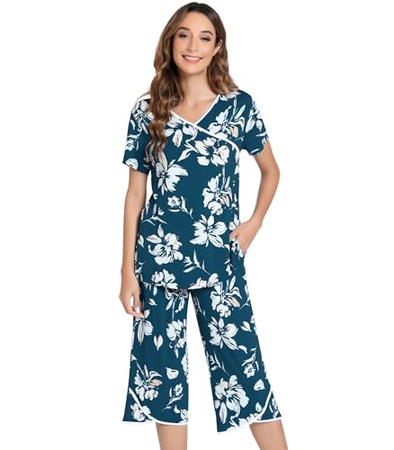 Image of NACHILA Bamboo Viscose Pajamas for Women Lace V Neck Capri Pants Pjs Set