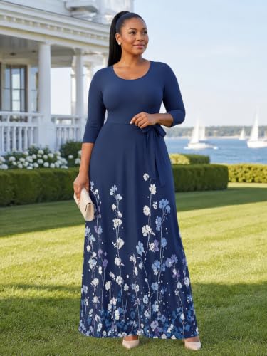 Image of PinkPatty Women's Plus Size V Neck 3 /4 Sleeve Boho Maxi Dress with Pockets
