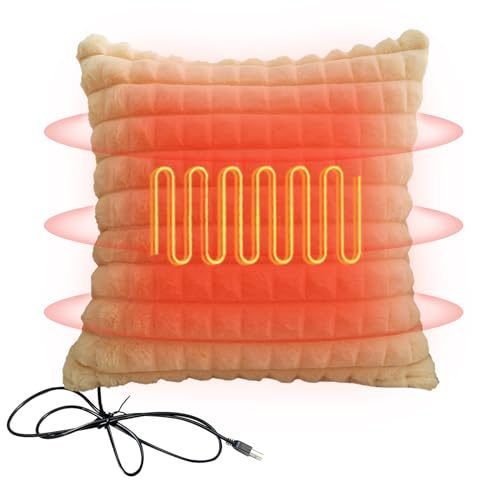 Heated Cushion, USB Heated Pillow Cushion Electric Heating Pad for Chair Sofa Home Office, 5V Soft Faux Fur Square Heat Cushion for Back Support, Waist Neck Period Pain Relief Throw Pillow (Yellow)