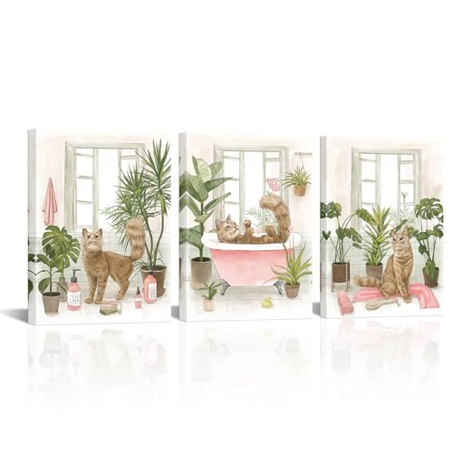 Apicoture Bathroom Cat Wall Decor Pink And Green Bathroom Wall Art Cute Orange Cat In Tub Painting Pictures Framed Wall Decor (Orange) by Apicoture - Used condition - US$15.05