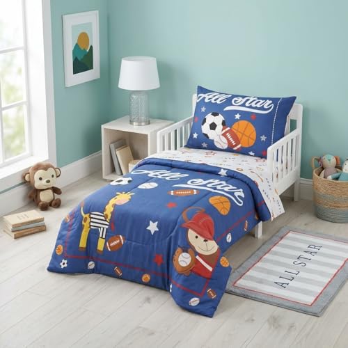 Image of EVERYDAY KIDS 4 Piece Toddler Bedding Set - Jungle Sports - Soft 100% Cotton Percale - Includes Comforter, Flat Sheet, Fitted Sheet and Reversible Pillowcase