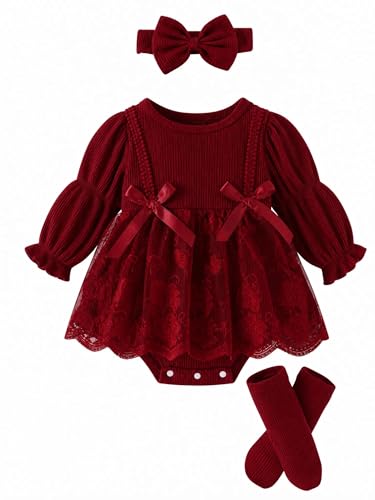 Image of JiAmy Baby Girl Romper Cotton Dress, Embroidery Flower Lace Newborn Long Sleeve Tutu Dress with Headband Socks Princess 3 Piece Clothes Outfit for Christening Birthday Party 1-3M, Red