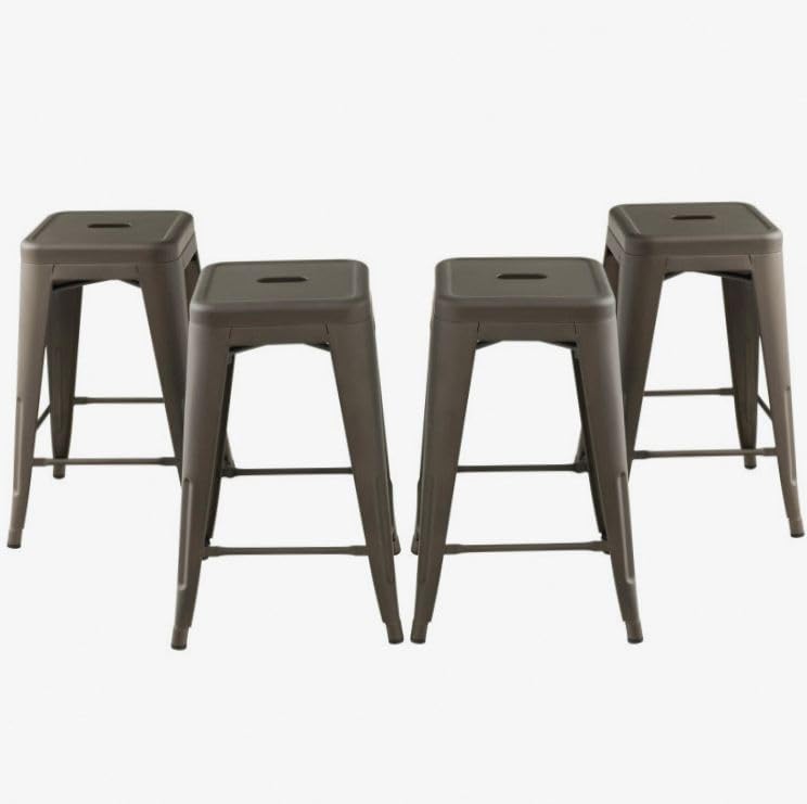 Image of Green 24 Inch Tolix Style Stackable Bar Stool Set 4-Piece Powder-Coated Metal Chairs 330lb Non-Slip X-Frame