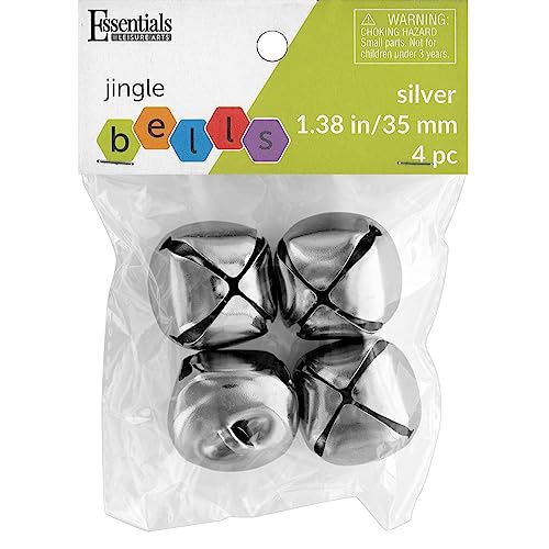 Essentials By Leisure Arts Jingle Bells 35mm Silver 4pc - Large Silver Craft Bells for Holiday Decorations Ornaments DIY Projects Costumes and Jewelry