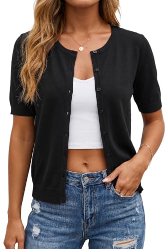 Image of Arach&Cloz Women's Wool Blend Cropped Lightweight Short Sleeve Summer Business Casual Cardigan Tops