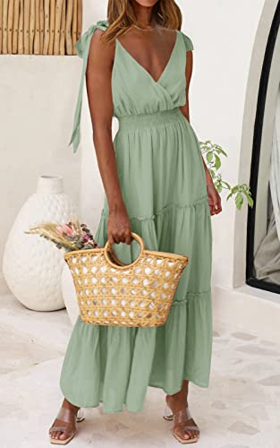 Image of PRETTYGARDEN Women's Cross Neck Summer Sleeveless Tiered Maxi Dress Beach Tie Strap Smocked Long Dresses Pleated Sundress