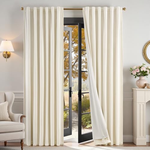Image of Blackout Ivory Velvet Curtains Neutral Back Tab 52x90 Inch 2 Panels | Enhanced Light Blocking, Lined, For Bedroom & Living Room, Light Shifting Texture, Elegant Drape, Cozy, Rod Pocket