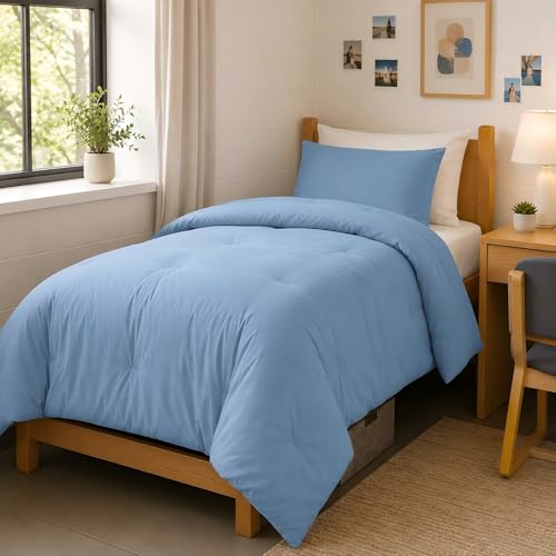 Image of weigelia Dusty Blue Twin Comforter Set, 2 Piece Lightweight Bedding Set, Soft Microfiber Comforter and Pillowcase, Breathable Down Alternative Comforter for All Seasons, Machine Washable