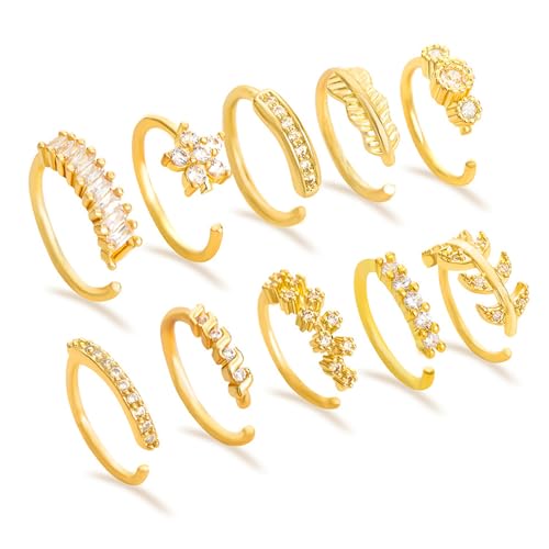 TYXHXTF 10 Pièces Piercing Nez Anneaux, Faux Anneau De Nez Bague Au Nez Septum Bijoux De Piercing, Bijoux Nez Sans Piercing, Fiche pour piercings nose avec Zirconia pour femmes et hommes, Oro
