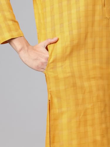 Image of Majestic Man Men's Pure Cotton Textured Check Mandarin Collar Long Kurta