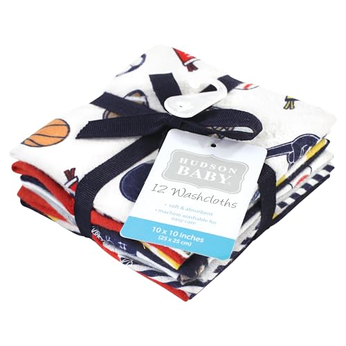 Image of Hudson Baby Unisex Baby Flannel Cotton Poly Washcloths, Sports Fan 12 Pack, One Size