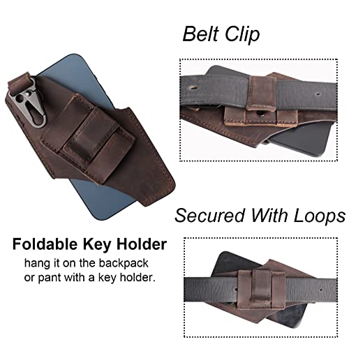 Gentlestache-Leather-Cell-Phone-Holster-with-Belt-ClipLeather-Phone-Pouch-for-iPhone-Samsung-MotorolaBelt-Case-with-Belt-LoopsLeather-Phone-Case-on-BeltCell-Phone-SheathLarge-SizeDarkbrown