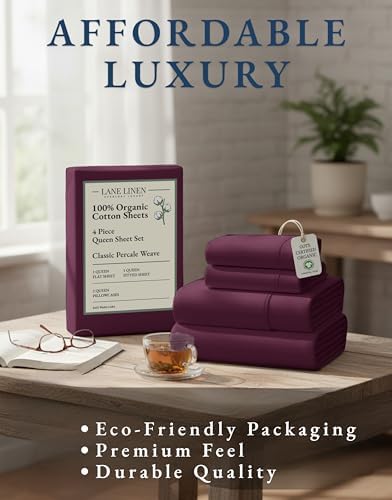LANE LINEN 100% Organic Cotton Sheets Queen Size, Classic Percale Weave Fully Elasticized Breathable Queen Cotton Sheet Set, Machine Washable Soft & Comfy Queen Sheet Set - Windsor Wine - Thumbnail 3