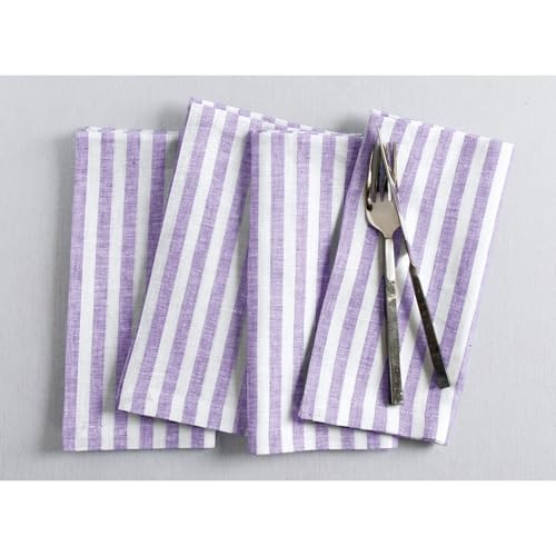 Image of Solino Home 100% Linen Napkins, 20 x 20 in, Violet, Amalfi Stripe, Set of 4 | elevate everyday dining and special gatherings, woven stripe, European flax fibres, machine washable, OEKO-TEX Certified