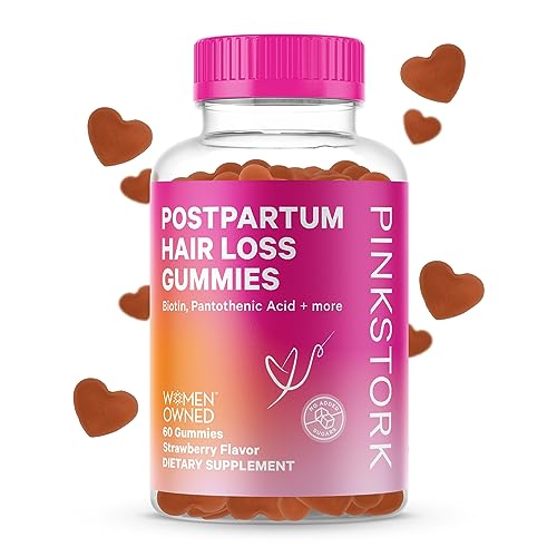 Image of Pink Stork Postpartum Hair Loss Vitamin Gummies for Postnatal Women, Biotin Gummies for Hair Growth, Skin, and Nails, Supports Scalp Health and Regrowth, Postpartum Essentials - Strawberry, 60 Count
