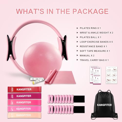 KANGFITER Pilates Equipment Kit for Home Workout, Pilates Ring and Ball Set with Adjustable Ankle Wrist Weights, Resistance Bands, Tape Measure, Bag, Pilates Essentials Accessories for Women Yoga