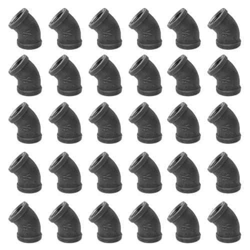 1/2" 45-degree elbow, Home TZH 30 Pack Female Threaded 45-degree Malleable Cast Iron Connector Pipe Fitting for Industrial Vintage Style DIY Project/Furniture/Shelving Decoration (30, 1/2")