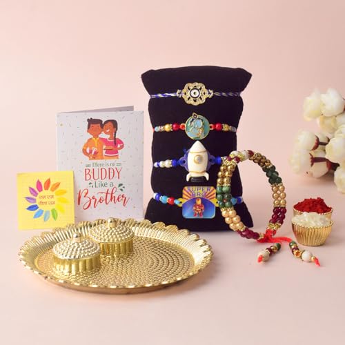 SATVIK 5 Pc Rakhi Family Combo 2 Bhaiya +1 Bhabhi Lumba + 2 rakhi for Brother Bhaiya Bhabhi Traditional Handmade Assorted Designer Rakhi with Puja Plate, Roli Chawal, Greeting Card & Sita-Ram Sticker3
