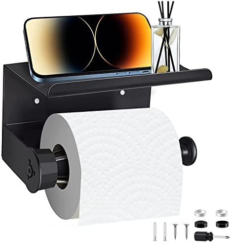 Toilet Paper Holder with Shelf - SUS 304 Stainless Steel Rustproof Wall Mounted Toilet Paper Roll Holder - Single Hand Operable with Damping Effec Bathroom Washroom Tissue Roll Holder