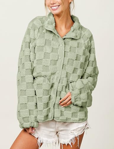 Yidarer Womens Winter Checkerboard Sherpa Fleece Jacket Plaid Fuzzy Button Oversized Outerwear with Pockets4