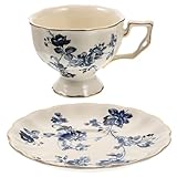 WEKADRIN Taza de Estilo Europeo con Plato de Taza Grande para Leche y Café Diseño Vintage Azul para Hogar Oficina y Cafetería