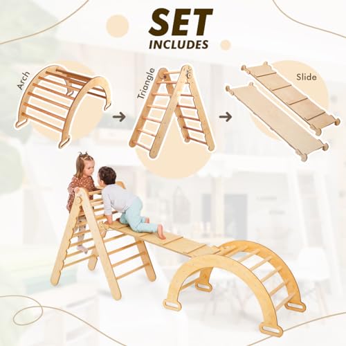 Goodevas 3 in 1 Wooden Toddler Pikler Triangle & Arch Set - Montessori Climbing Toys & Indoor Playground for Toddlers 1-3 - Kids\' Indoor Slide Climbers & Play Structures XL Size