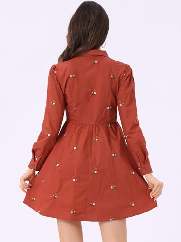 Image of Allegra K Women's Shirt Dress A Line Embroidered Floral Mini Dresses | Casual, Collar, Long Sleeve, Button Down, Half Placket, Invisible Zipper, Knee Length