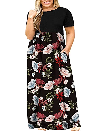 Image of Kancystore Women's Plus Size Maxi Dress with Pockets Summer Dresses XL-5X | Plus Size High Waisted Long Length Beach Dress, Empire Waist Round Neck Casual Dress, Solid Striped Floral Tie Dye Colors