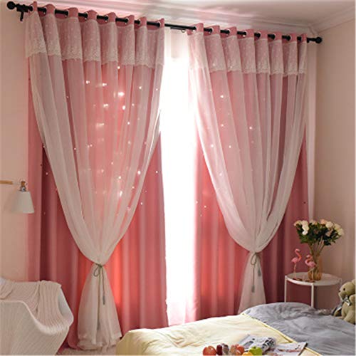 EXQULEG Tenda Blackout a doppio strato, per ragazze, scavare con stelle, stile principessa, per soggiorno, camera da letto, cameretta dei bambini, rosa, 240 x 132 cm (altezza x larghezza)