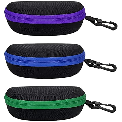 MOLSHINE 3 Pieces Portable Hard Shell Sunglasses Case, Zipper Eyewear Eyeglasses Case with Hook for Women Men Travel Sports (Green&Purple&Blue) Cover