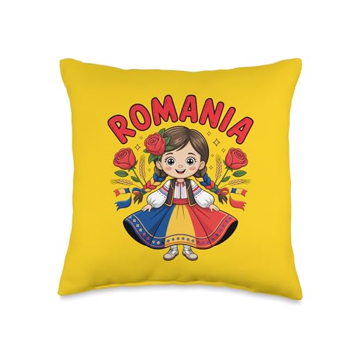 Cute Romanian Girl in Traditional Folk Dress for Kids Throw Pillow