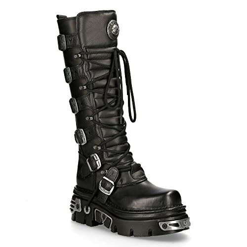 New Rock Men's 272-S1 Metallic Black Leather Gothic Emo Knee High Boots with Lace and Buckle Fastening