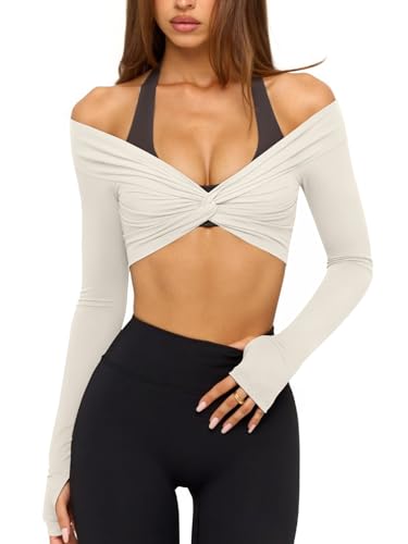LASLULU Womens White Long Sleeve Workout Tops Sexy Off the Shoulder Twist Front Bolero Shrugs Yoga Gym Ballet Wrap Tops Pilates Outfits (Beige Small)