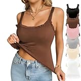 Spaghetti Top Damen mit integriertem BH Spitzen Tanktops Eckiger Ausschnitt Gerippt Cami Sommer Basic Tanktops Sport Shirts Slim Fit ärmellose Bluse Atmungsaktiv Bequemes Sexy Unterhemd