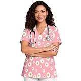 Amzbeauty Ropa quirúrgica para mujer, cuello en V, lindo estampado, camisa de enfermera, uniforme casual suave con 2 bolsillos, Margarita rosa floral, XL