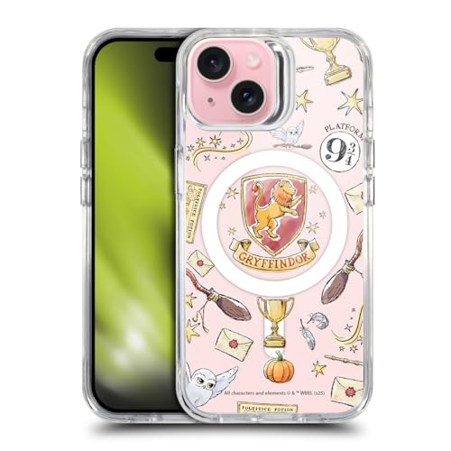 Image of Head Case Designs Officially Licensed Harry Potter Gryffindor Pattern Magical Icons Shockproof Bumper Case [Military Grade Protection] Compatible with Apple iPhone 15 and Compatible with MagSafe