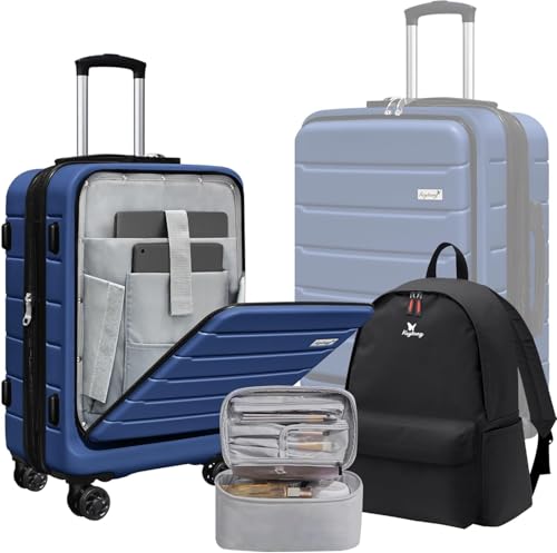 SmileLine 20 inch Carry-On Luggage Set with TSA Lock, Lightweight Hardside Suitcase with Spinner Wheels, Expandable Checked Luggage with Front Pocket, Bonus Travel Backpack & Makeup Bag, Navy Blue - Main Image
