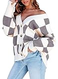 Dokotoo Womens Cardigan Sweaters Fashion V Neck Plaid Cable Knit Long Sleeve Button Down Comfy Cute Daily 2023 Autumn Winter Oversized Sweater Outerwear Tops S Gray