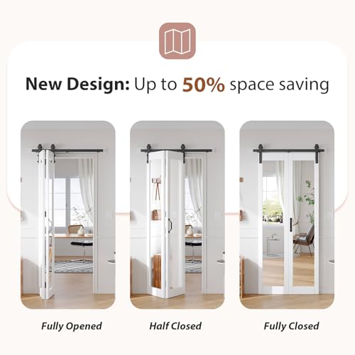 Image of FREDBECK Bifold Barn Door 36x84 (Double 18x84) with 1 Lites Mirror,Bi-fold Closet Doors Hardware Kit Included,40 inch Track for 2 Doors, PVC, White,for Living Room, Bathrooms, Kicthen
